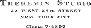 The Theremin Studio logo: Theremin Studio / 37 West 54th Street / New York City