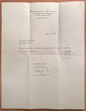 original sales receipt of the Greenfield Theremin